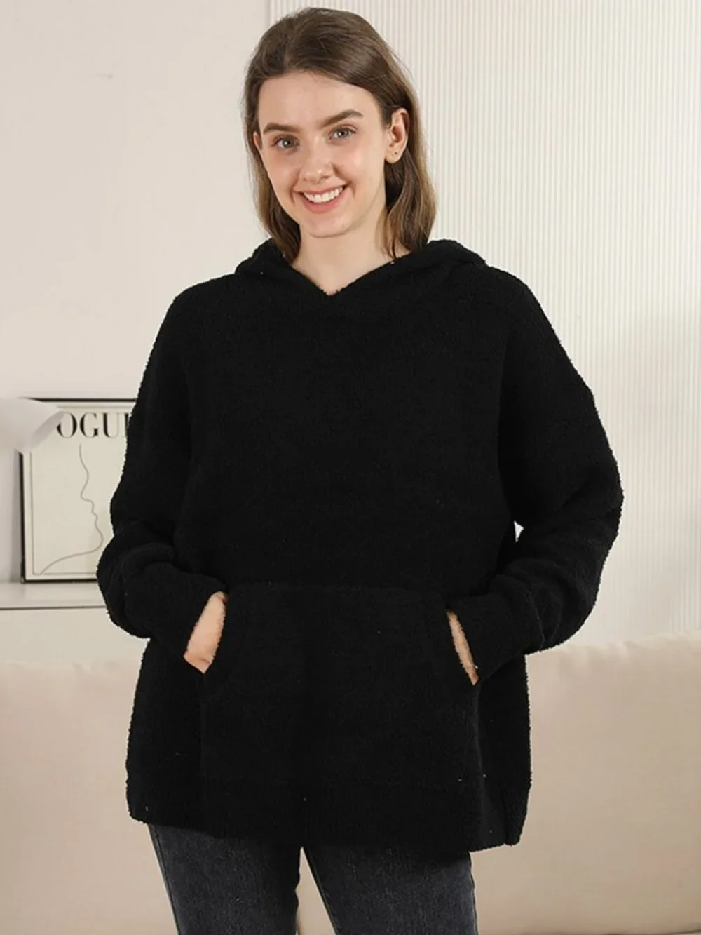 Cozy Solid Color Hooded Sweater with Pocket